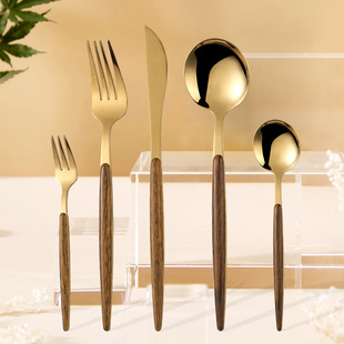 Imitation Wooden Handle Stainless Steel Spoon Portuguese Tableware Western Steak Knife and Fork Creative Clip Handle Wood Grain Handle Four-Piece Set