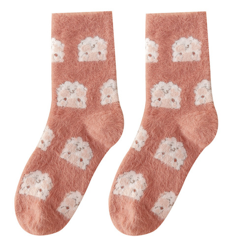 Soft plush kids' autumn and winter mink fur thick warm fluffy sleep socks home cute cartoon postpartum socks