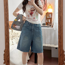 复古阔腿牛仔短裤女夏季大码胖mm宽松显瘦梨形身材直筒五分中裤子