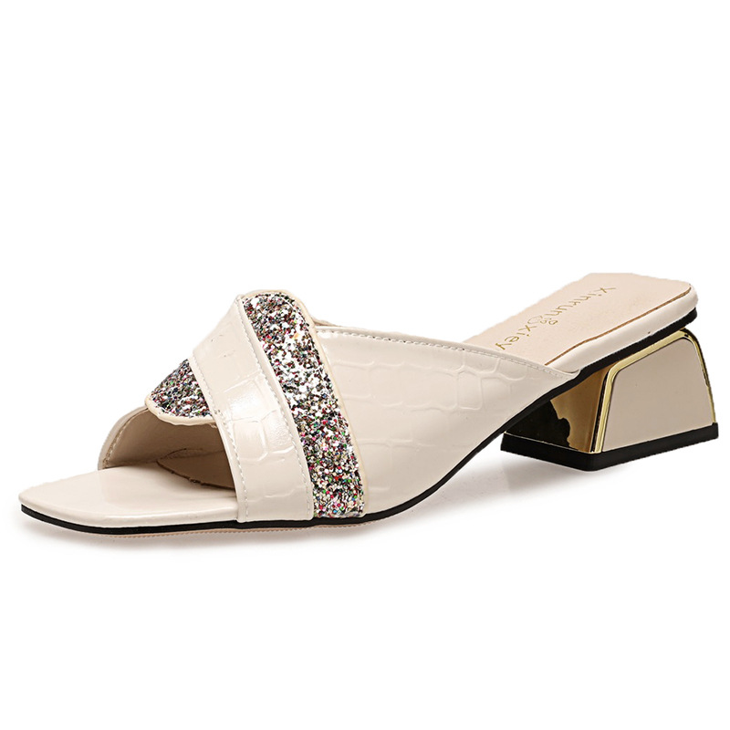 2025 New Foreign Trade Rhinestone Thick Heel Slippers for Women, Fashionable and Versatile Square Toe High Heels High Heels