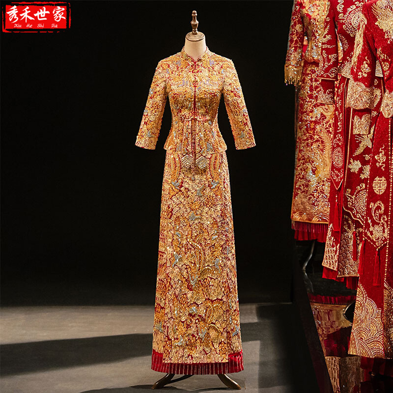 Xiuhe Clothing Bride's 2025 New Golden Chinoiserie Wedding Coat Emperor's Wedding Toast Slimming Look High-End Dragon and Phoenix Coat Spring Xiuhe Clothing Bride's 2025 New Golden Chinoiserie Wedding Coat Emperor's Wedding Toast Slimming Look High-End Dragon and Phoenix Coat Spring
