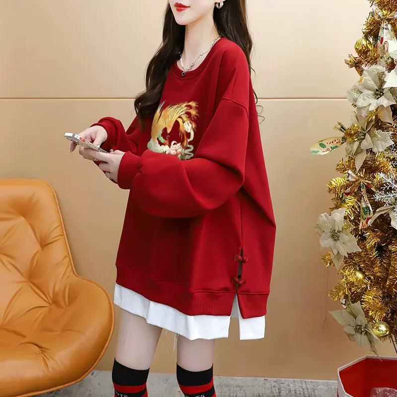 2026新款印花圆领开叉长袖假两件加绒加厚卫衣女慵懒风跨境批发