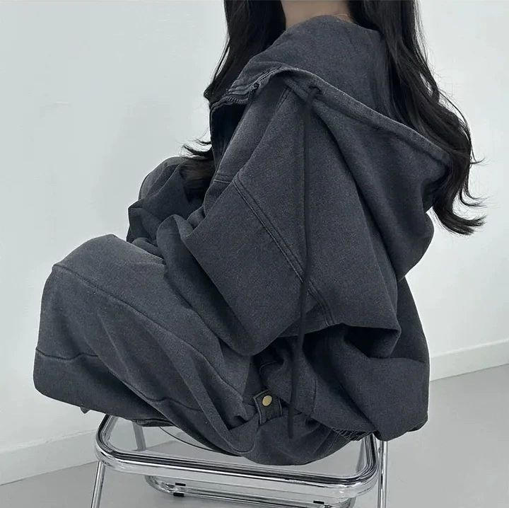 Джинсовая куртка с капюшоном на молнии, корейский oversize, ретро длинный рукав, демисезонная
