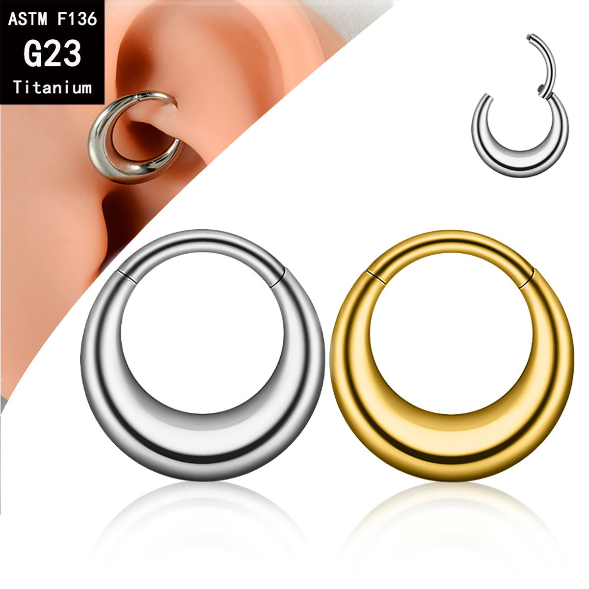 G23 Titanium Oval Septum Nose Ring Earrings - Gold Crescent Ear Bone Ring Classy Body Jewelry detail image 8