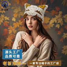 秋冬可爱猫耳朵冷帽纯手工钩织毛线帽子女新款保暖帽子套头帽批发