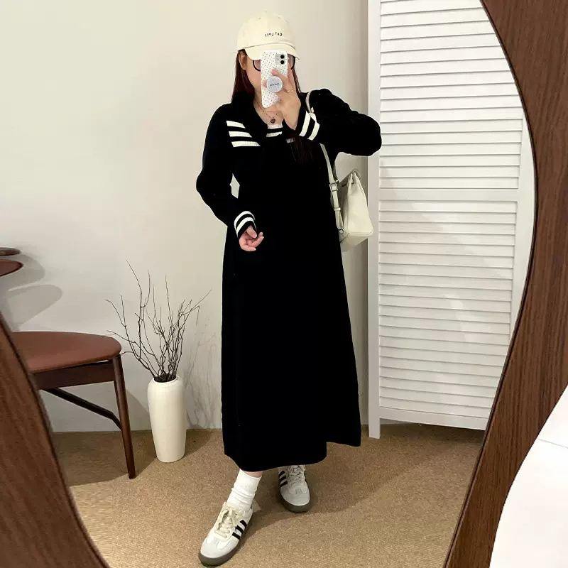 大码女装气质海军领连衣裙女2025秋胖mm显瘦撞色条纹针织裙23250