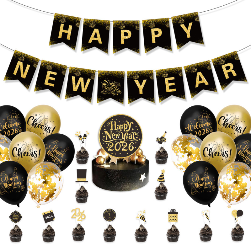2026 ハッピーニューイヤーバナー新年パーティー装飾ブラックゴールドフラグバルーンセット卸売カスタマイズ|undefined