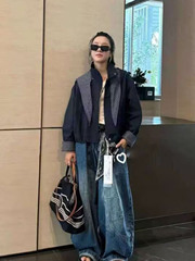 连帽拼接休闲百搭短款外套女2025秋季新款韩版宽松设计感小众上衣