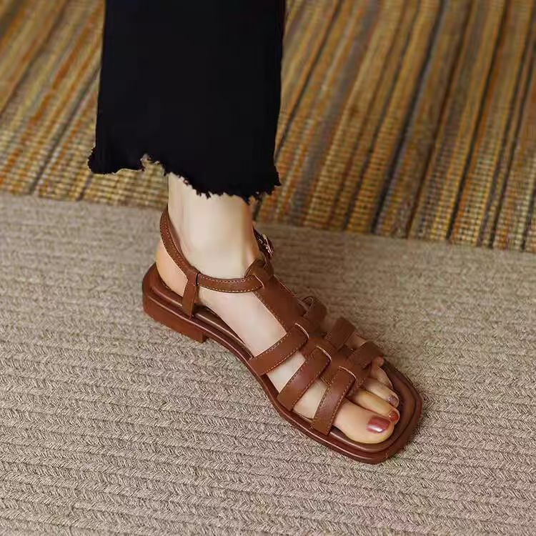 Summer retro brown sandals square toe open toe with a strap flat