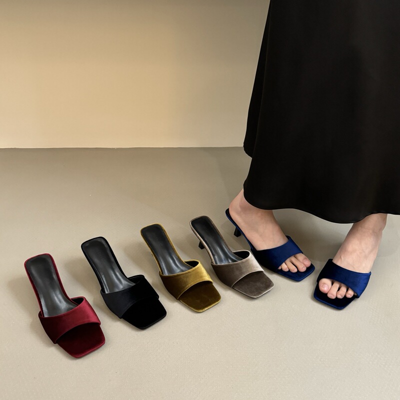 High-End Velvet Square-Toe Stiletto Slip-On Sandals for Women, 2026 Summer New Style, Elegant and Versatile High-Heeled Sandals