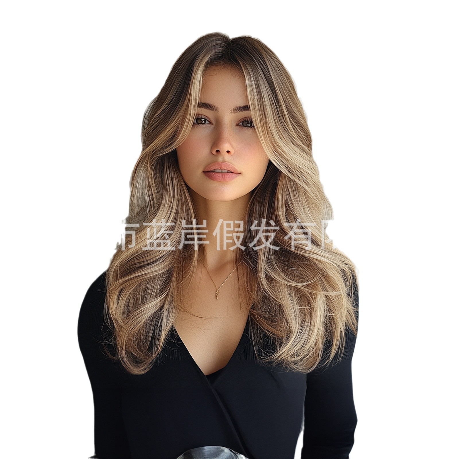 Nuevo estilo transfronterizo temperamento diosa peluca mujer ocho caracteres flequillo degradado oro claro de longitud media gran cubierta ondulada