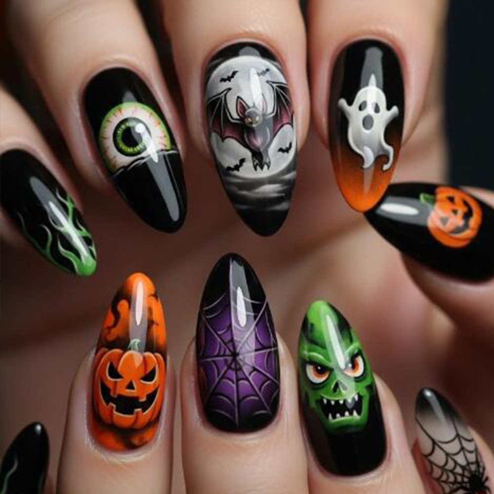 Atmosfera de Halloween transfronteriza, uñas de almendras, uñas falsas, 30 piezas de uñas, suministro directo.