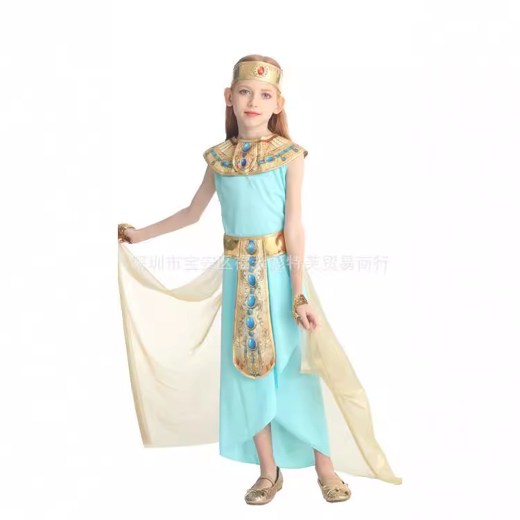 Halloween G0577 Blue Gold Egyptian Princess Dress Children's School Drama Masquerade Table Dress Princess Dress