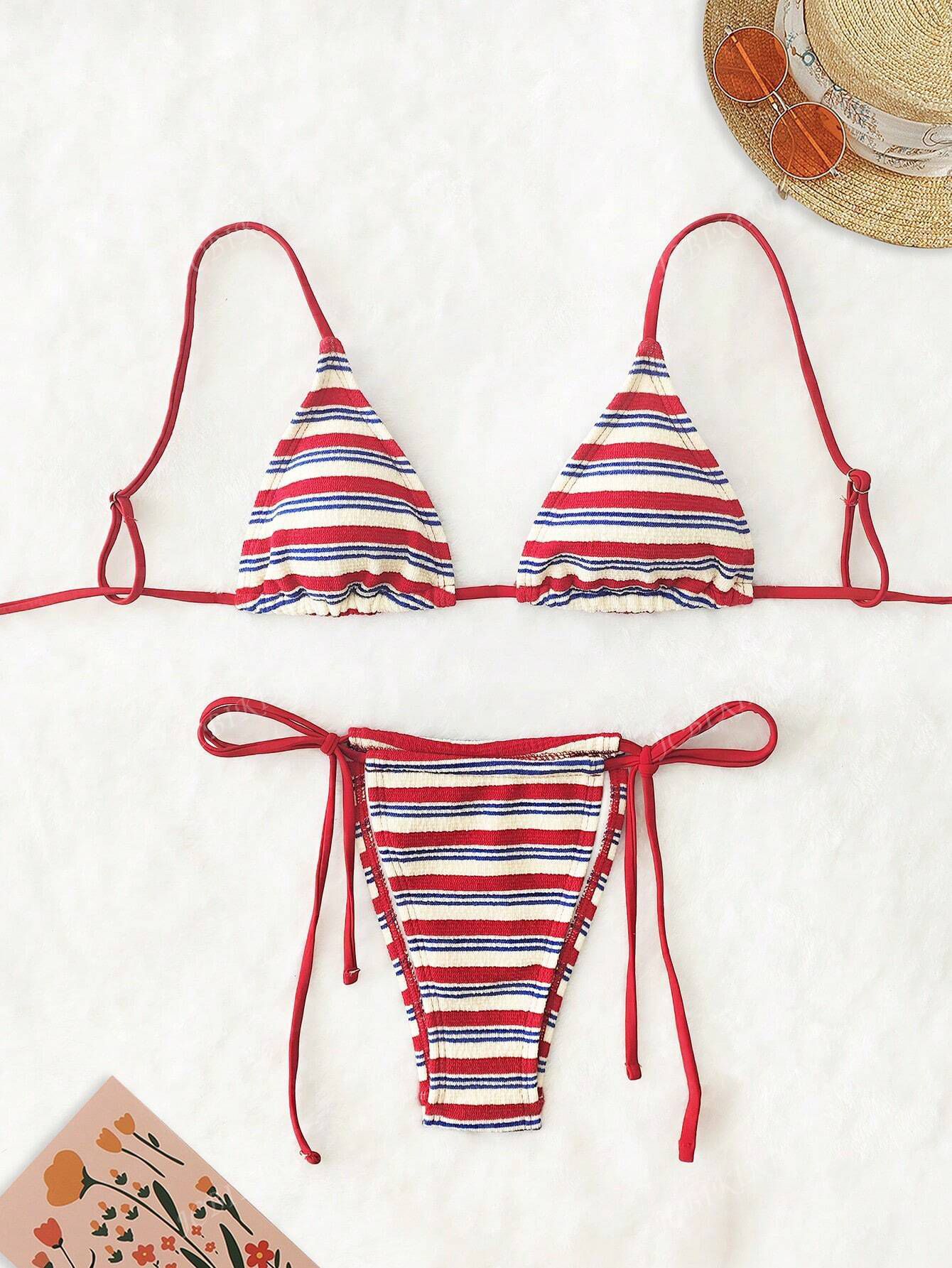 Ensemble bikini rayé taille basse deux pièces maillot de bain femme_voghion.com