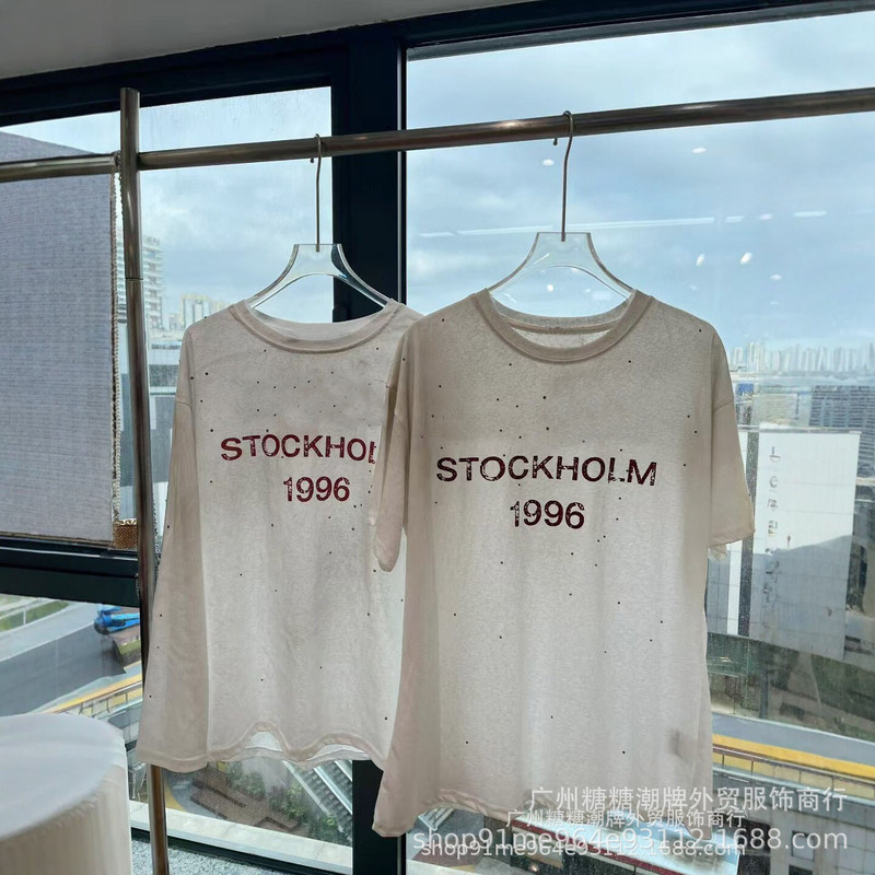 Ac 1996 Letter Rhinestone Long-Sleeve T-Shirt for Women, Loose Fit, Versatile, Pure Cotton, Round Neck, Mid-Length, Sun Protection Top