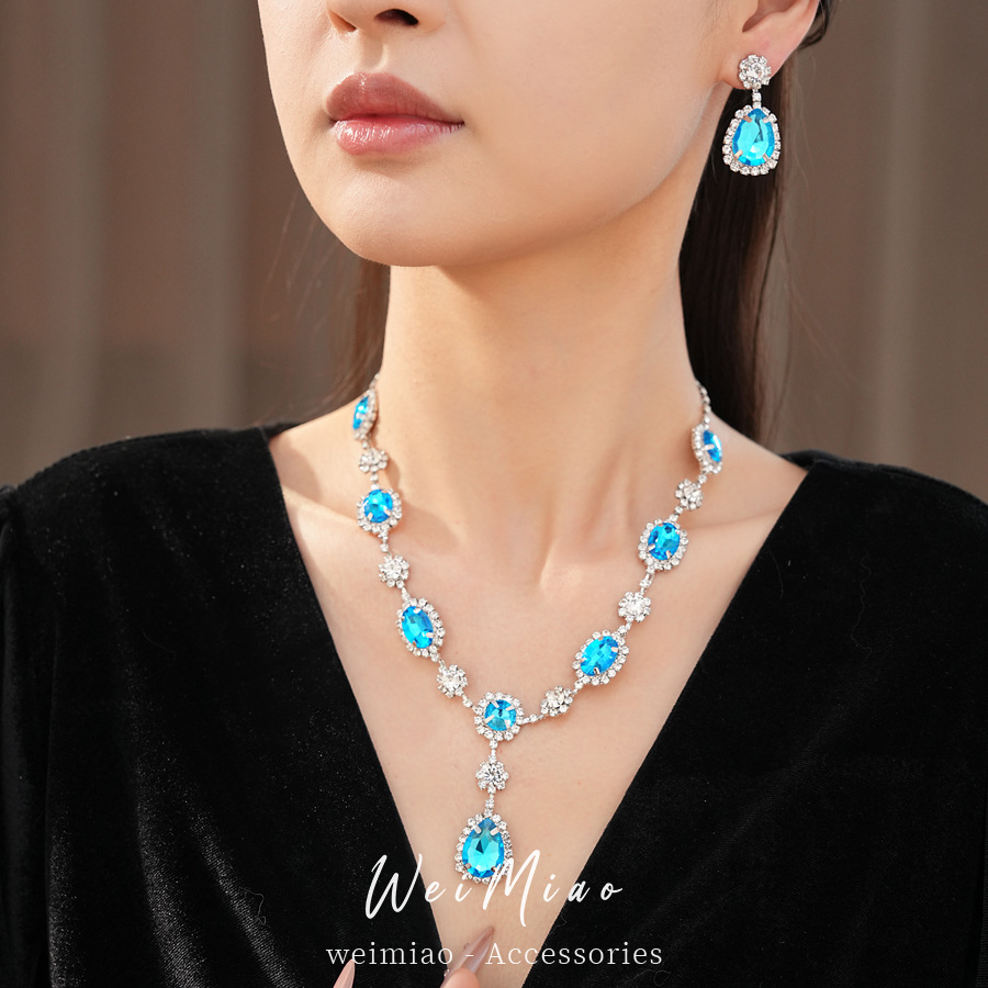 Collar de pendientes de gota de agua oval con diamantes lujoso y sofisticado, cadena de clavícula, conjunto de joyas de estilo palacio.