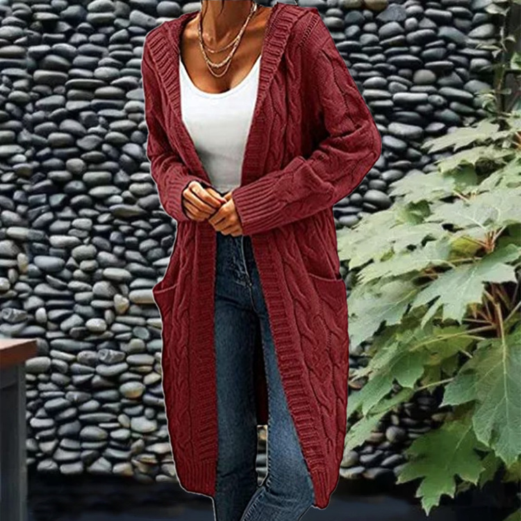 Aguja gruesa de las mujeres europeas y americanas transfronterizas Otoño e Invierno de las mujeres color sólido suelto más tamaño doble bolsillo Twist sweater cardigan Coat