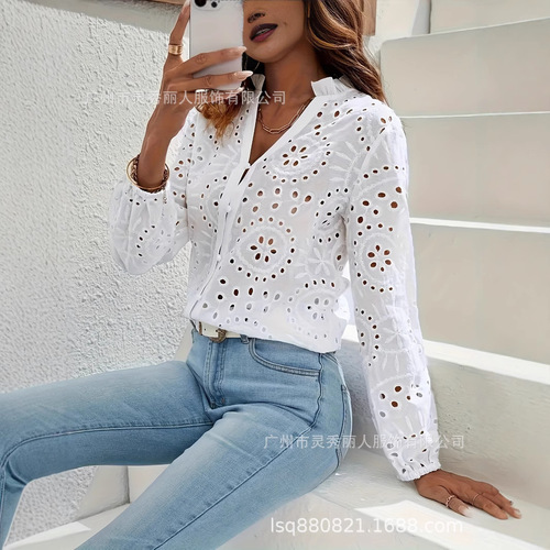Amazon Women's Top eBay Western Cross-border International Trade Embroidered Button Shirt Fashion Long Sleeve Elegant
