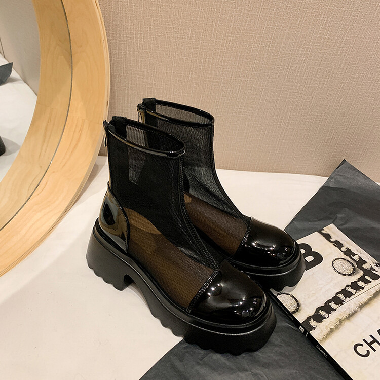 Boot ngắn nữ da thật vải lưới cao gót 6cm mùa hè phong cách Anh thoáng khí — Màu đen, Trắng be chi tiết 108