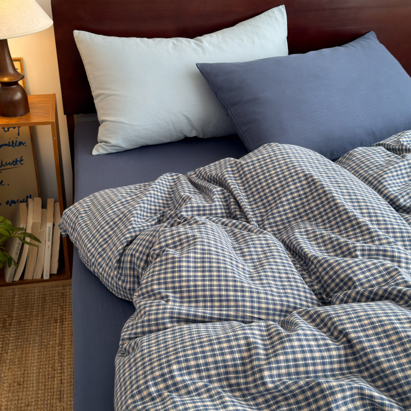 Classic Plaid Design | Class a Pure Cotton Four-Piece Set, Yarn-Dyed Washed Cotton Bed Sheet and Duvet Cover, Student Mixed-Style Bedroom.