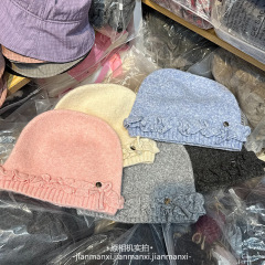 可爱蝴蝶结纯色褶皱花边毛线帽女秋冬季少女感学生百搭褶皱冷帽
