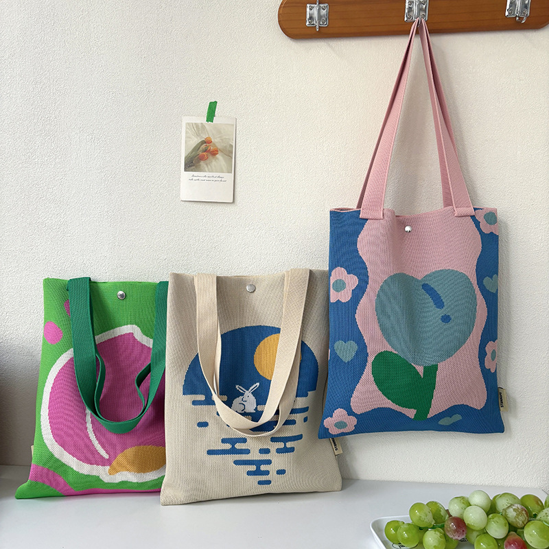 Bolsa de mano de punto de diseño simple flor frutas color contrastante bolso de mano de viaje fuera de gran capacidad bolso de hombro