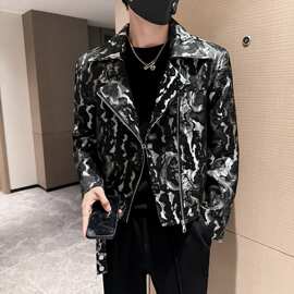 青年水墨画机车外套男秋季2025新款时尚潮流帅气短款网红夹克上衣