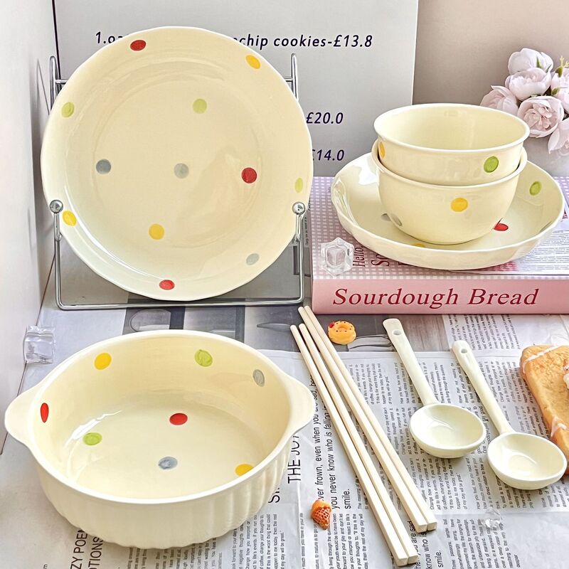 Cream Rainbow Polka Dot Ceramic Tableware Set, Household Bowls and Plates, High Aesthetic Value, Simple Ins Style, Underglaze Color Rice Bowls and Plates