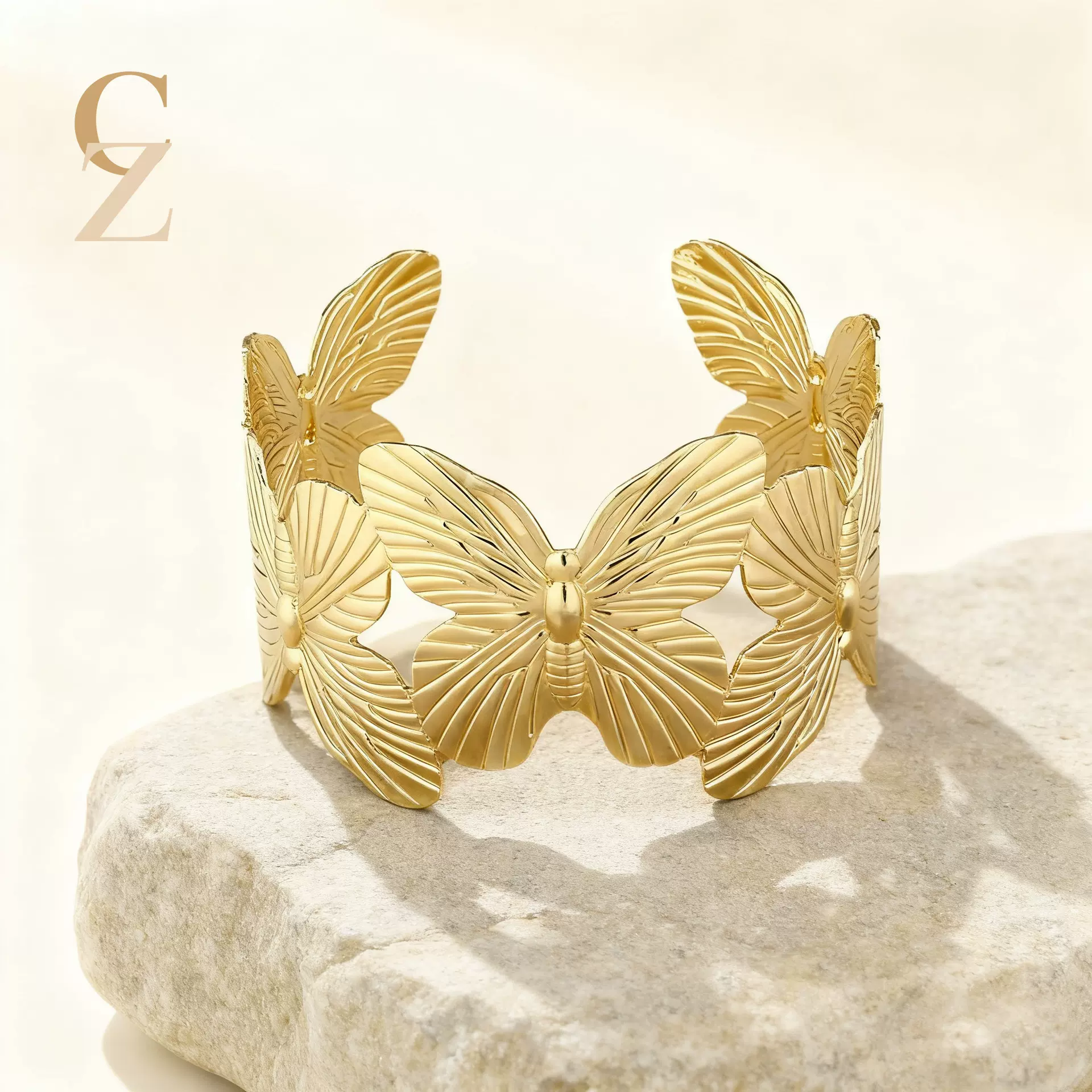 欧美跨境热卖宽版蝴蝶开口手镯可调节小众时尚气质金色手饰