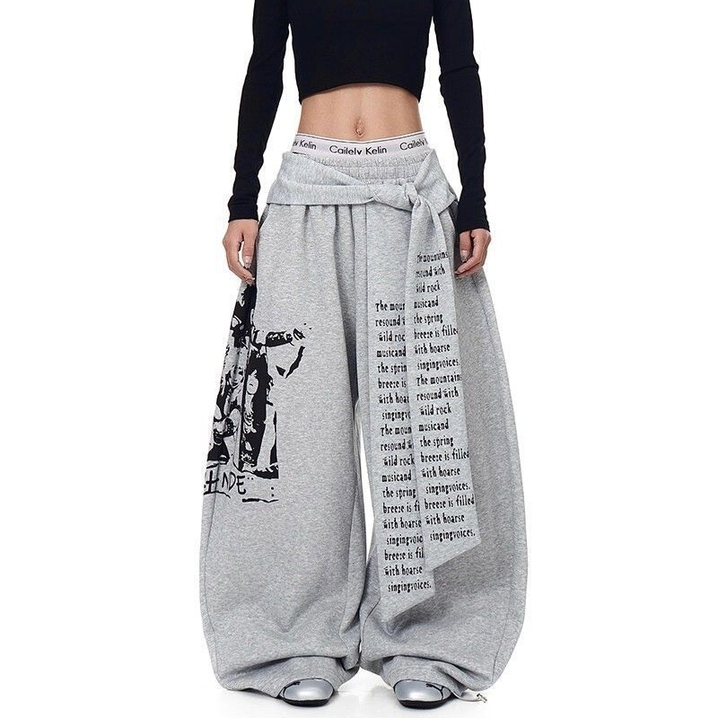 Super Stylish Early Autumn Sweatpants with Retro Letter Print, Drawstring, Layered Design, and Unique Curved Cut, Loose Fit, Street Dance Wide-Leg Pants