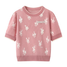 现货2025夏新款钉珠刺绣短袖针织衫上衣3J2E325