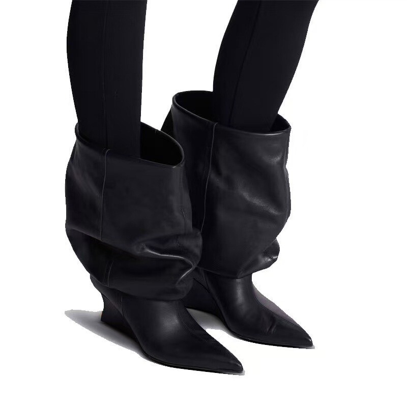 European and American Foreign Trade Pointed Toe Stiletto Pleated Slouch Boots 45 Large Size Slimming Mid-Calf Boots Slip-On Party Fashion Women's Boots