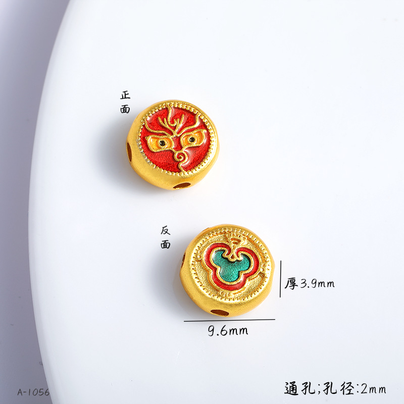 Copper Gold-Plated DIY Jewelry Accessories Wholesale, High Color Retention, Enamel Small Spacer Beads with Fortune Character, Through-Hole Enamel Jewelry