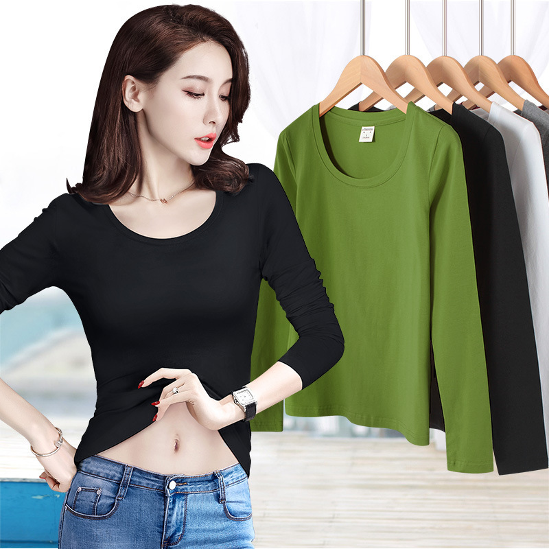 Black Cotton Long-Sleeved T-Shirt Base Shirt Women's Inner Low Round Neck Slim-Fit plus size Spring and Autumn Elastic T-Shirt