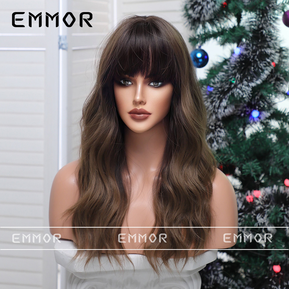 Comercio exterior transfronterizo nuevo tema de Navidad franja de pelo gradiente dorado marrón largo pelo rizado peluca europea y americana hembra