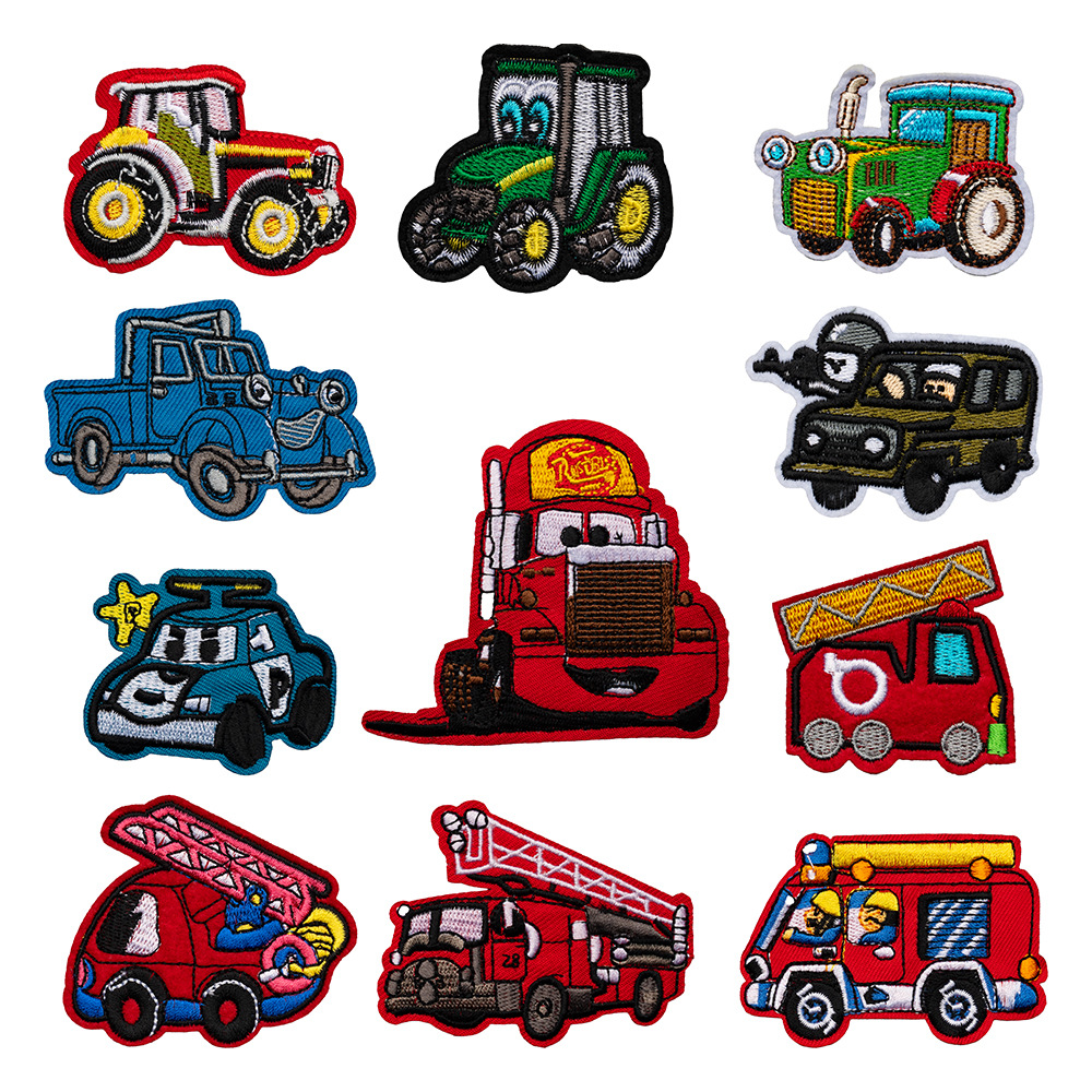 电脑绣花拖拉机消防车辆卡通刺绣布贴热熔胶熨烫贴衣服补丁贴批发