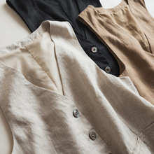 法国雨露亚麻马甲简约利落气质通勤单排扣无袖V领廓形上衣女51050