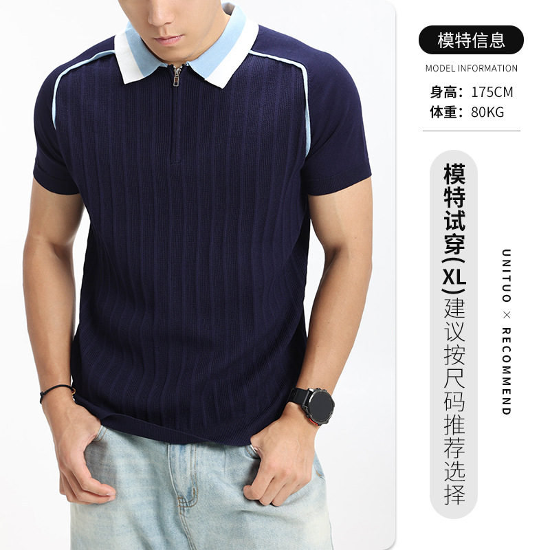 Hombres de alto nivel con la solapa de hielo camiseta de polo de punto hombre de negocios casual verano a rayas verticales camiseta de manga corta hombre