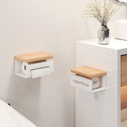 Solid wood tissue box bathroom punch-free paper box toilet toilet paper holder toilet paper storage rack paper towel