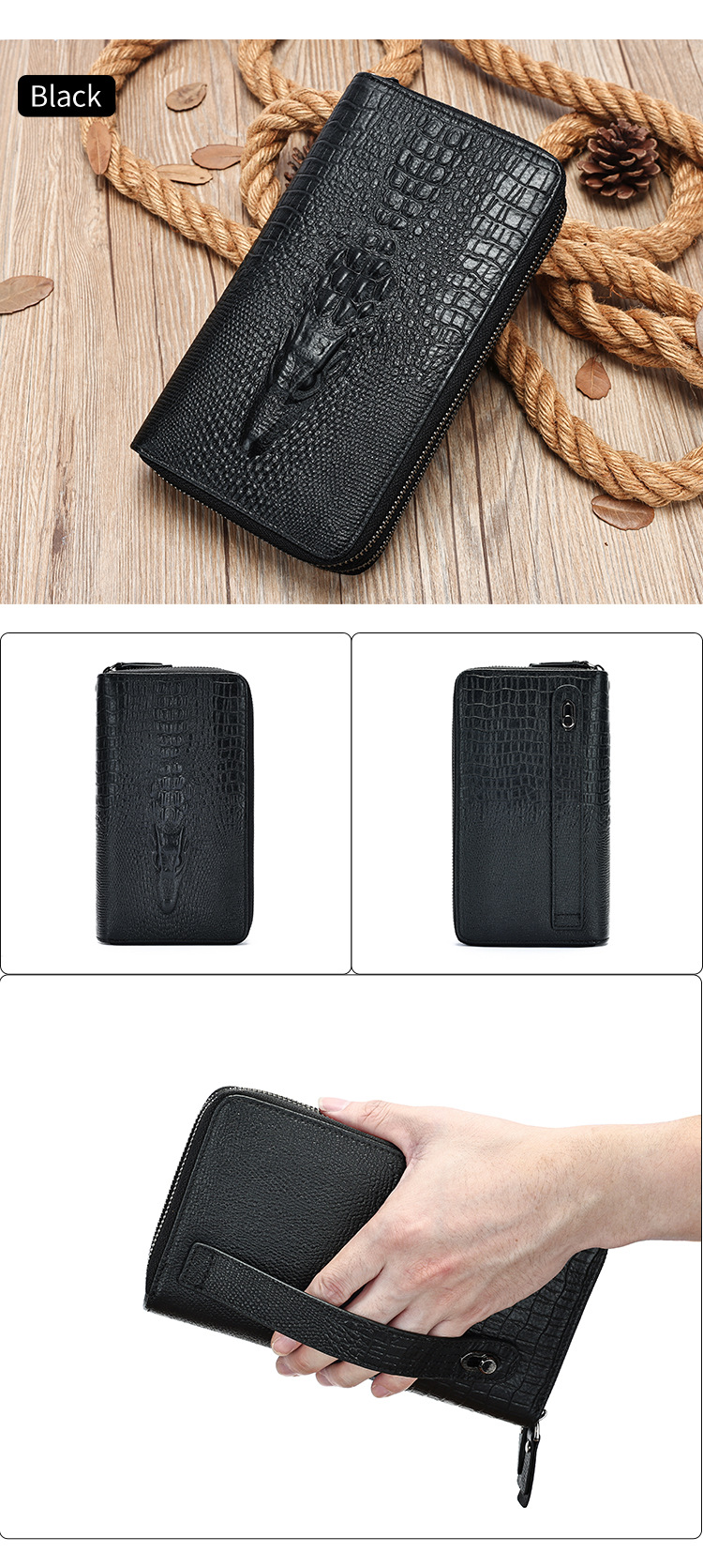 Túi clutch nam da bò dập vân cá sấu cao cấp, khóa kéo đôi, dáng dài đựng điện thoại — Cà phê, màu đen chi tiết 16