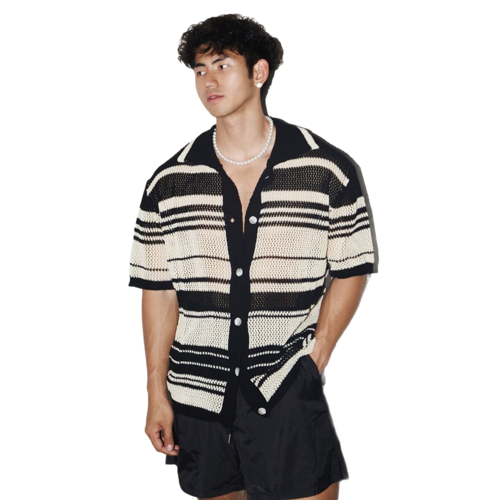 Polo camiseta de manga corta camiseta de punto hombre Cardigan rayas huecas camiseta de negocios británico comercio exterior al por mayor transfronterizo