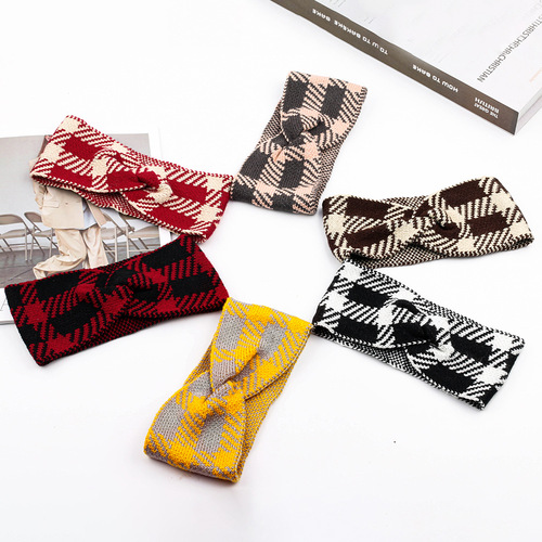 Cross-border bow plaid acrylic wool headband elastic yoga sports headscarf hair accessories ear protection warm European and American