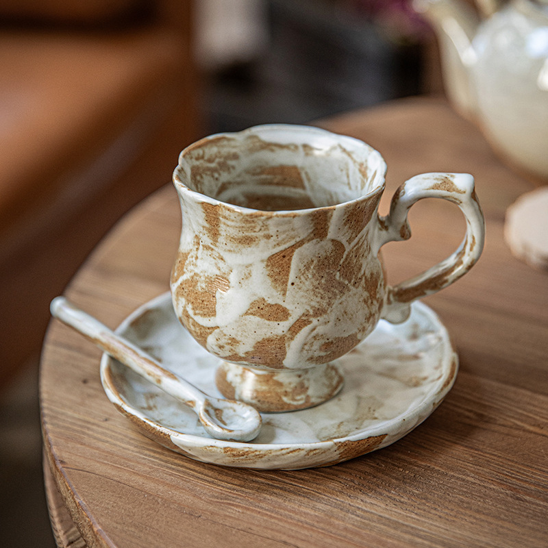 Machi's Beautiful Coffee Cup, Antique Stoneware Cup, Niche Coffee Cup and Saucer Set, Cross-Border Export