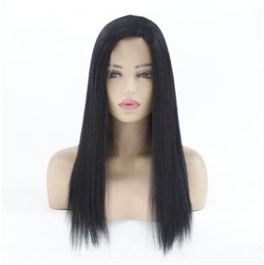 Fibra química europea y americana frente encaje medio negro largo recto peluca de comercio exterior LW0078