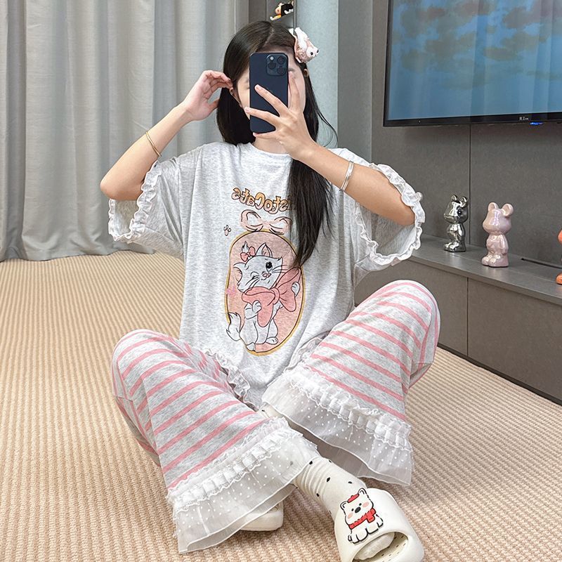 2025 新しい夏のモーダルパジャマ女性の半袖ズボンスーツ漫画ルーズ夏は家の服の外で着用できます|undefined