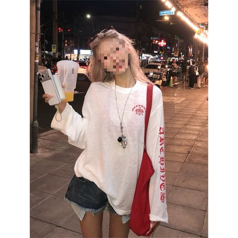 Hot Girl Style White Short Waist-Exposing Long-Sleeved T-Shirt for Women, Summer Thin Loose Fit, Slimming, Versatile Casual Top Hot Girl Style White Short Waist-Exposing Long-Sleeved T-Shirt for Women, Summer Thin Loose Fit, Slimming, Versatile Casual Top