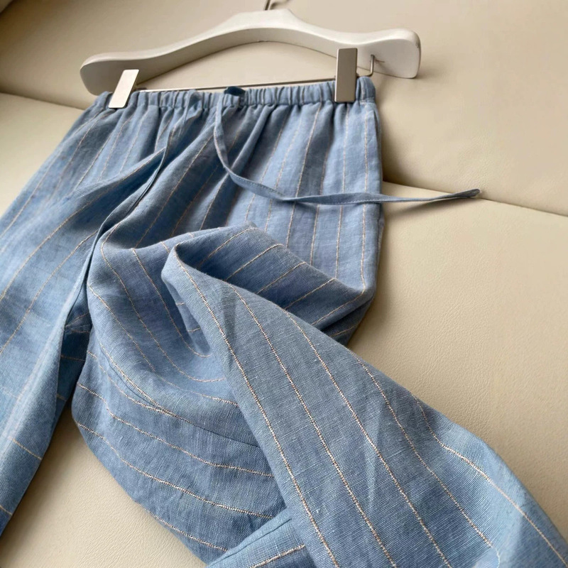 Highly Recommended!! Blue Striped Linen Wide-Leg Pants for Women, New Summer Style, Comfortable Elastic Waist Casual Long Pants Highly Recommended!! Blue Striped Linen Wide-Leg Pants for Women, New Summer Style, Comfortable Elastic Waist Casual Long Pants