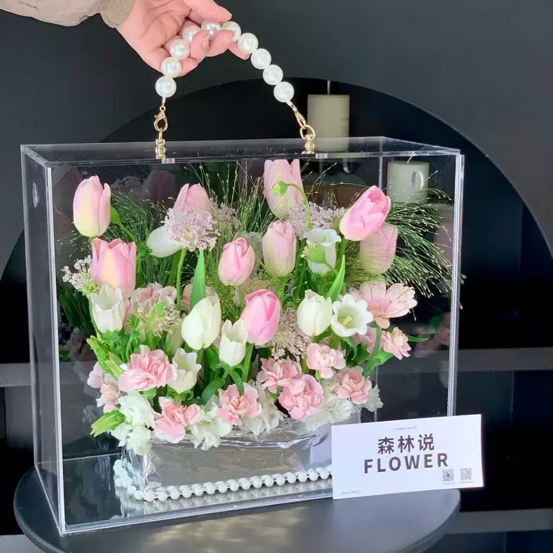 กล่องจัดดอกไม้พกพาอะคริลิก กล่องบรรจุภัณฑ์ดอกไม้ทรงสี่เหลี่ยมโปร่งใส กล่องของขวัญเงิน กล่องของขวัญวันเกิด