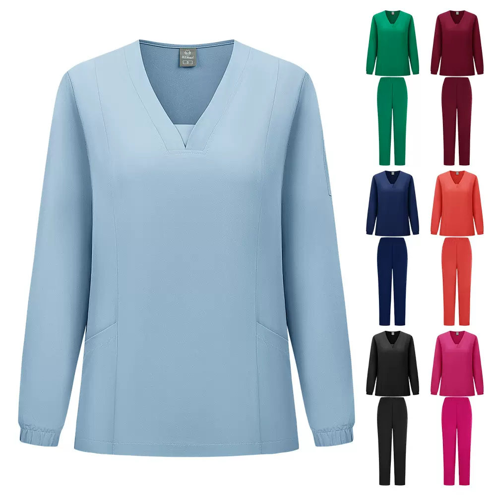 【七色现货现发】亚马逊V领长袖手术服美容院宠物医院工作服套装