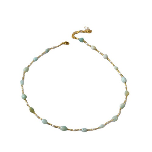 Japanese and Korean niche design purple and green genuine stone imitation pearl bead handmade woven minimalist short pendant necklace choker chain
